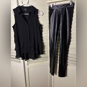 Two piece outfit including Fashion Nova faux leather leggings and Vera Wang top